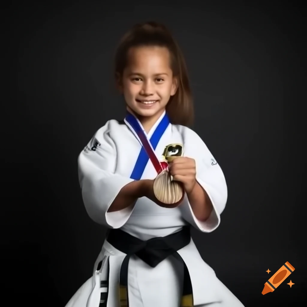 Girl karate champion holding a medal