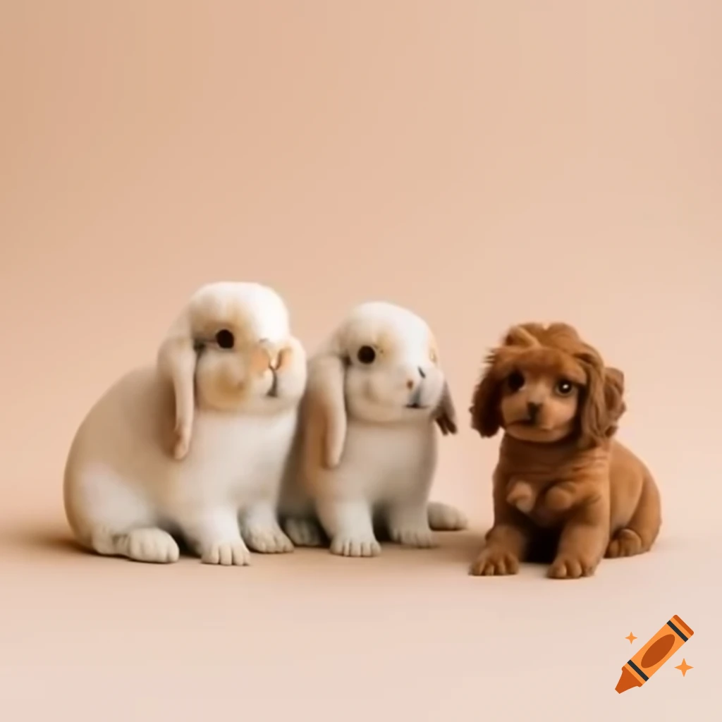 Two light brown bunnies with a mini brown poodle