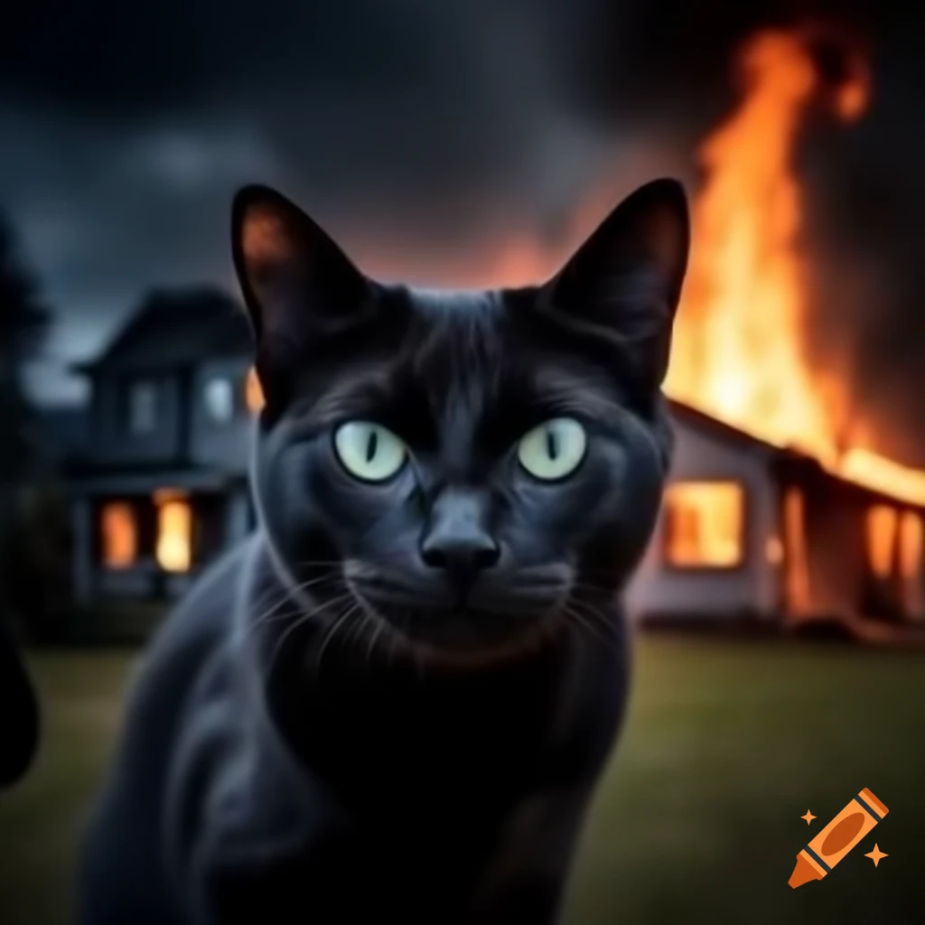 Fireman with small black cat in front of burning house