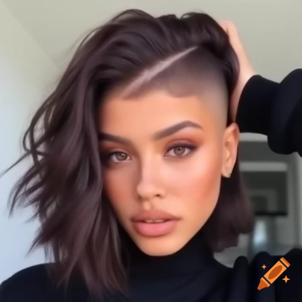 Mediterranean woman with thick dark brown hair in extreme undercut bob style