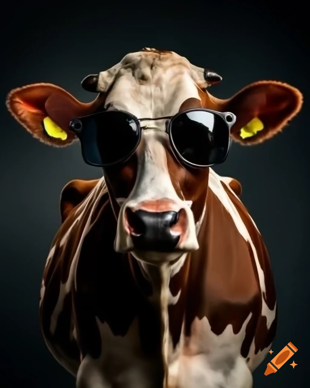 Angry simmental cow wearing black sunglasses against dark background