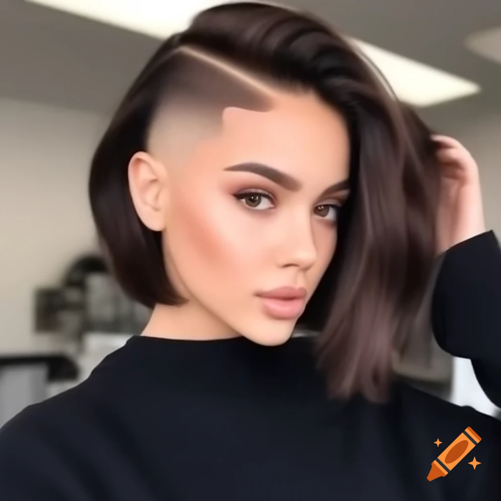 Young woman with thick dark brown asymmetrical bob and undercut hairstyle