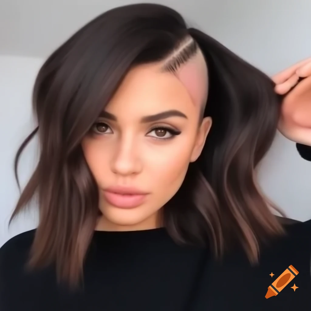 Young woman with thick dark brown asymmetrical bob and shaved undercut