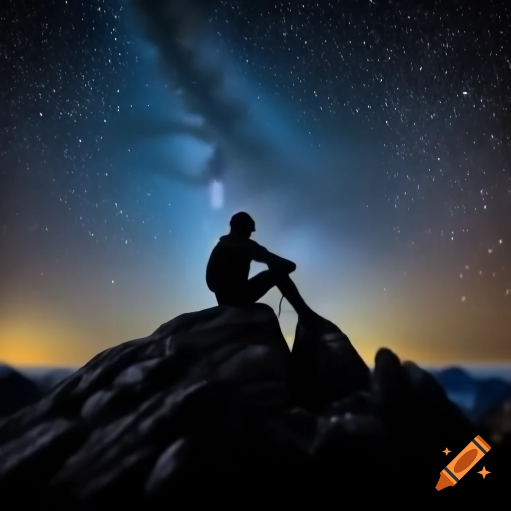 Silhouette of a man sitting on mountain gazing at starry night sky on ...