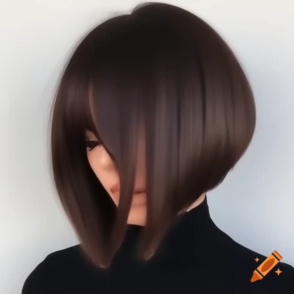Young woman with thick dark brown hair in asymmetrical shaved undercut bob