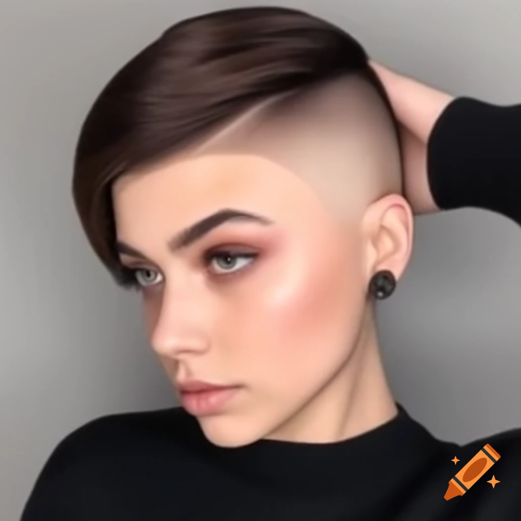 Young woman with thick dark brown hair in asymmetrical bob with shaved undercut