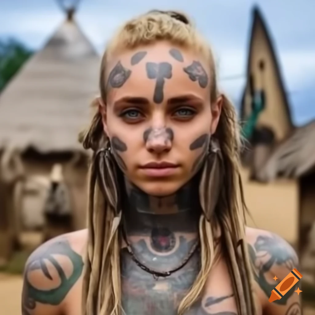 Caucasian woman with dreadlocks and tribal tattoos in primitive village setting
