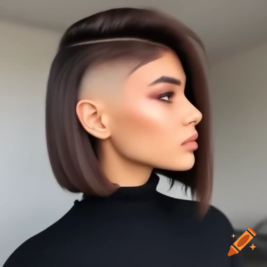 Young woman with asymmetrical bob and thick dark brown hair on Craiyon