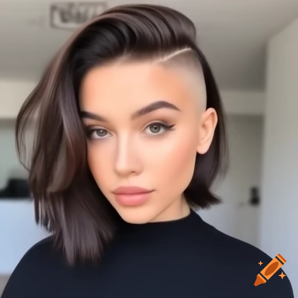 Young woman with thick dark brown asymmetrical bob and undercut hairstyle