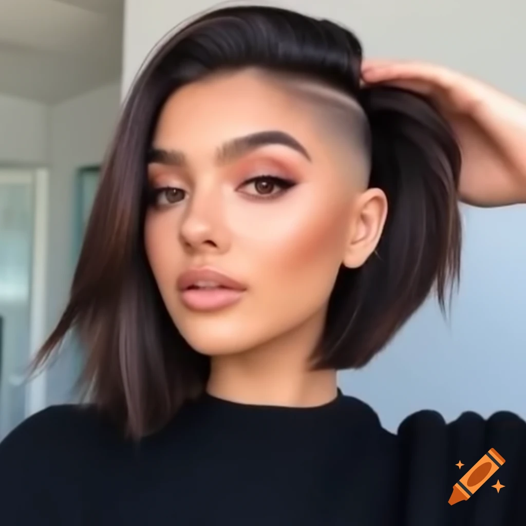 Young woman with thick dark brown hair in asymmetrical bob with ...