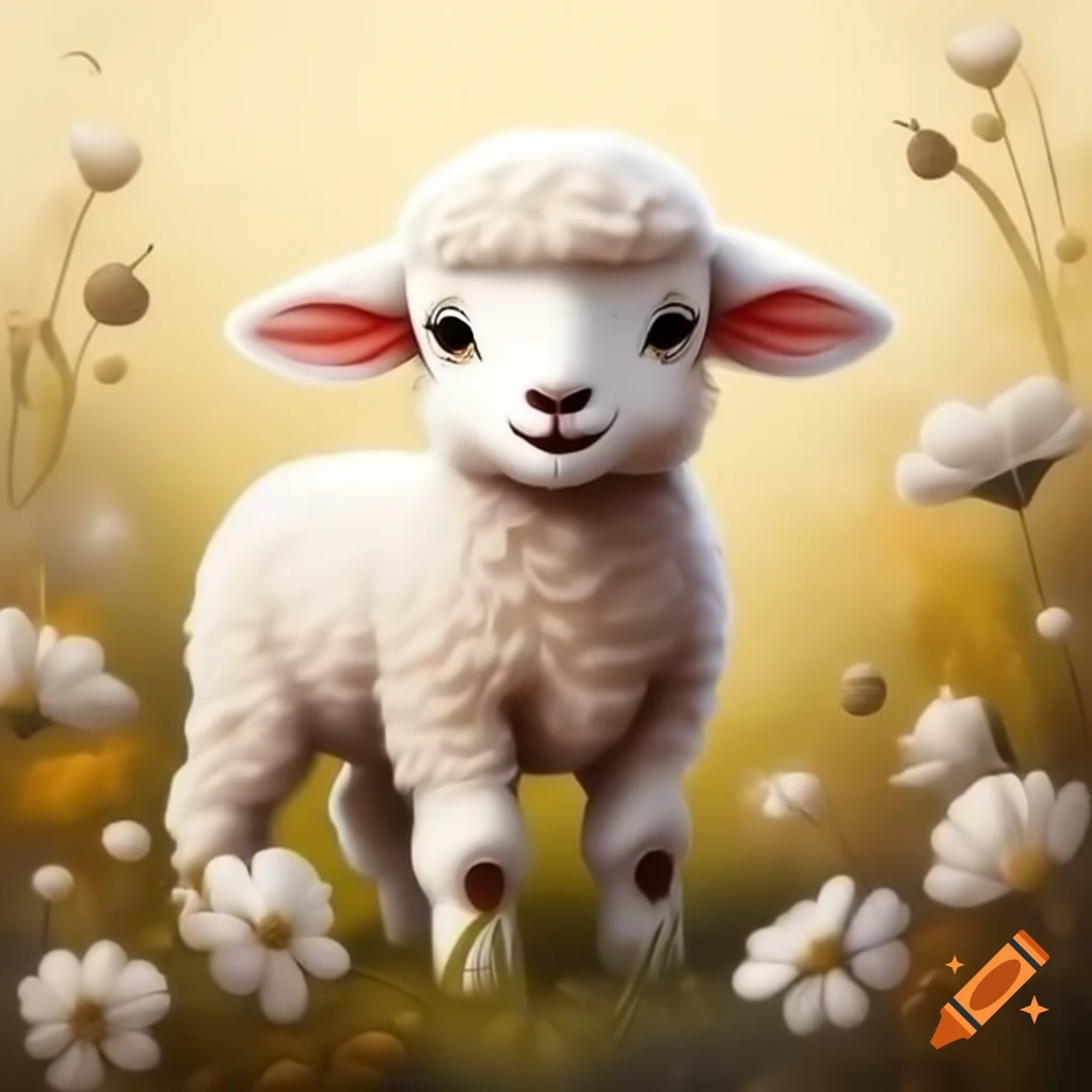 Baby white sheep in a meadow with flowers