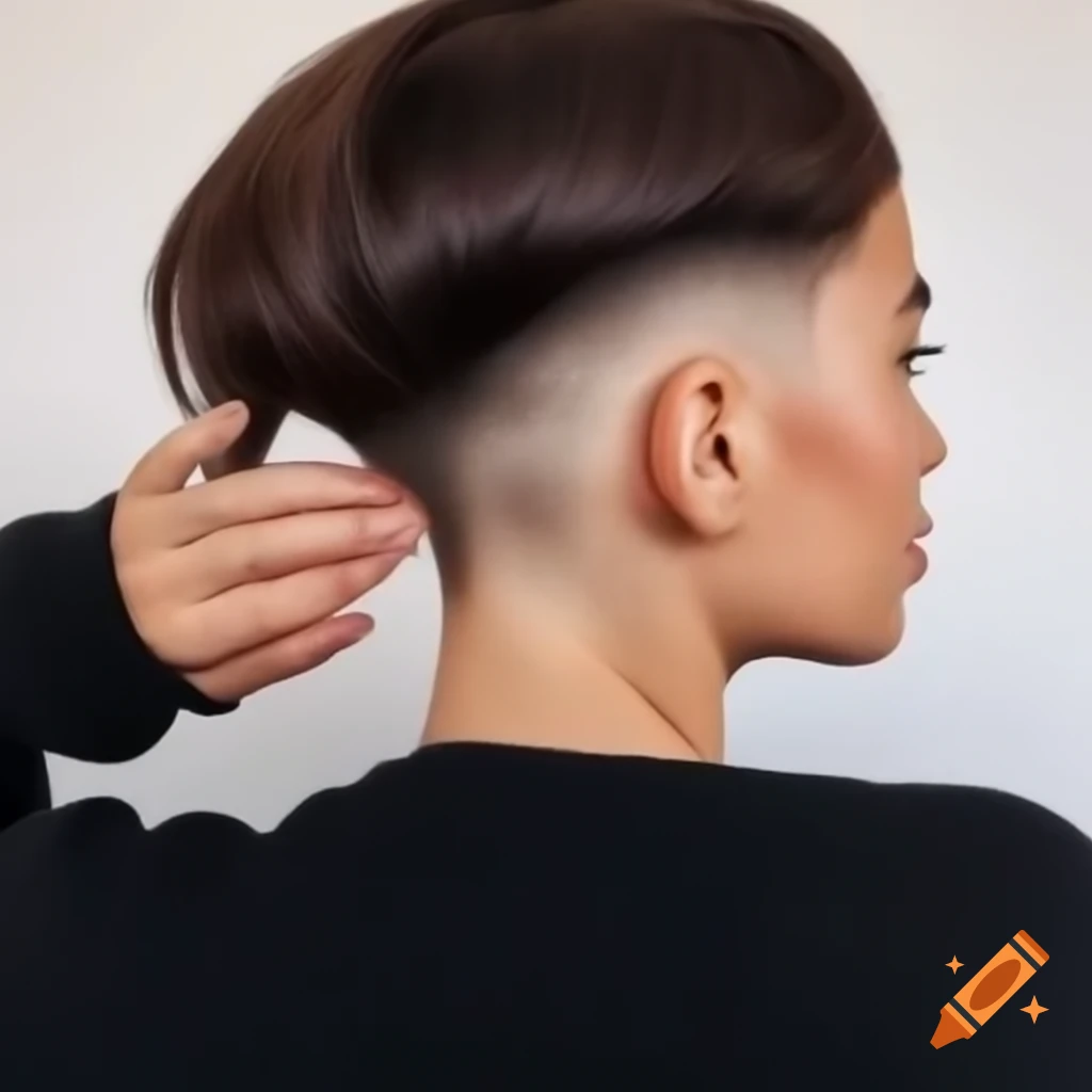 Mediterranean woman with thick dark brown hair in edgy shaved bob hairstyle