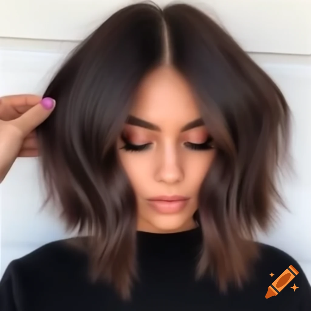 Young woman with thick dark brown hair in asymmetric bob hairstyle on ...
