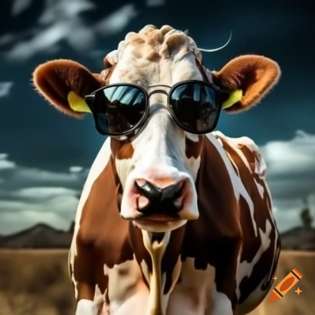 Cow wearing black sunglasses with an annoyed expression