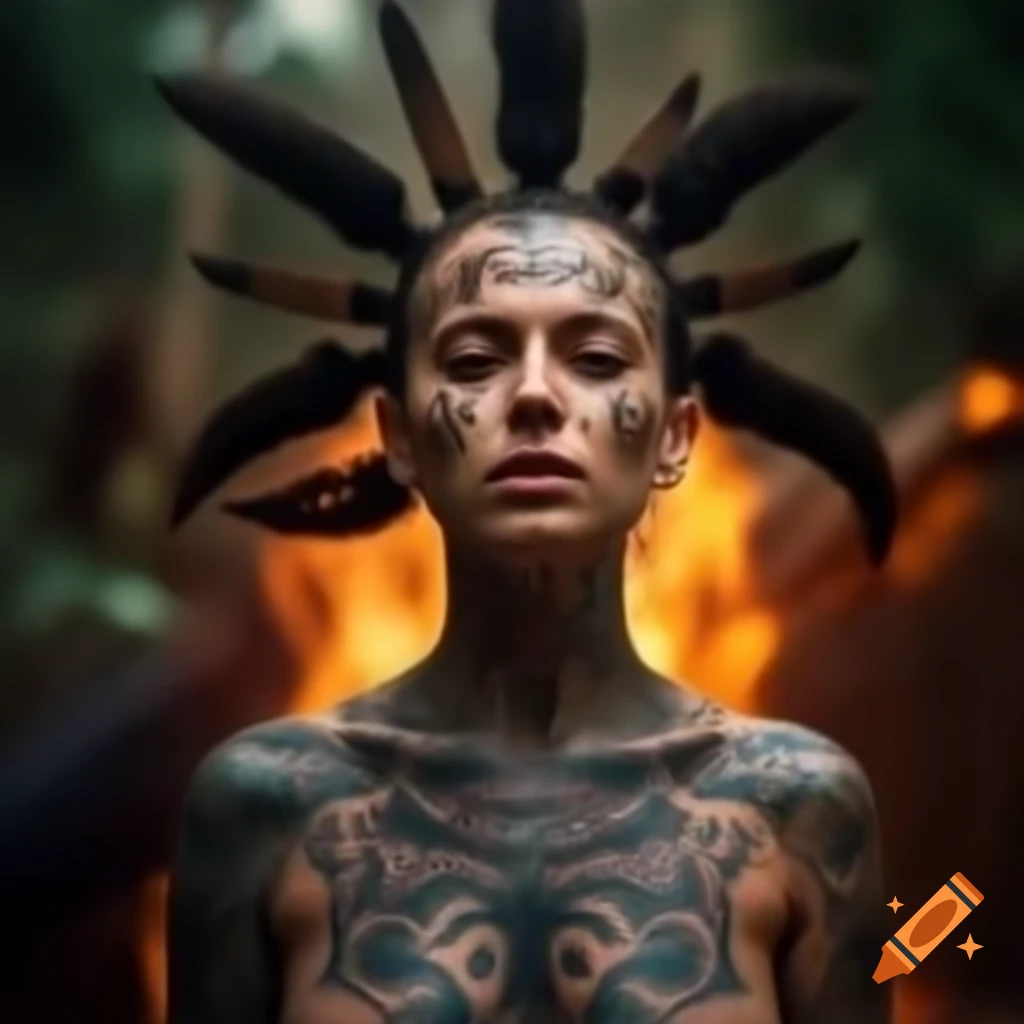 Caucasian woman with bantu hairstyle and tribal tattoos near jungle bonfire