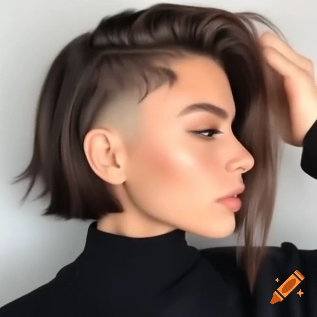 Young woman with asymmetrical bob and shaved undercut, thick dark brown hair