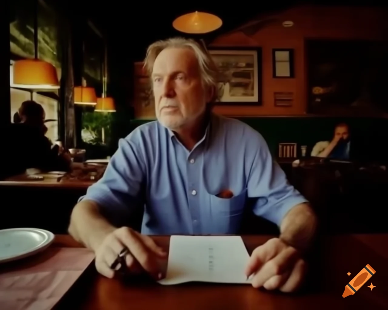 Man in casual attire at restaurant table reviewing bill with thoughtful expression