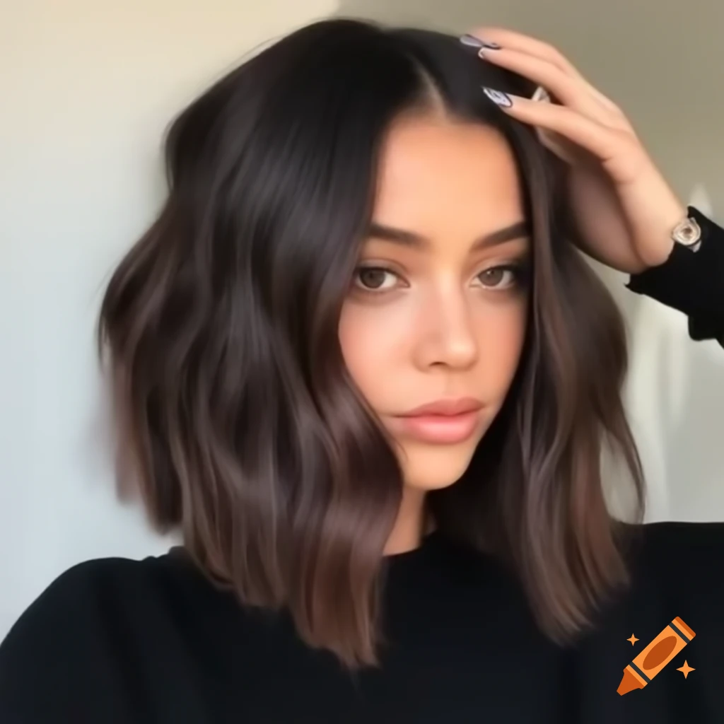 Young woman with thick dark brown asymmetrical bob and shaved undercut