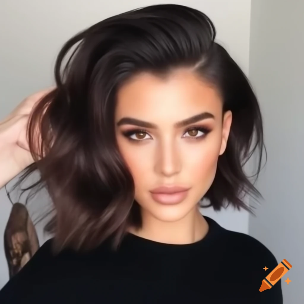 Young Mediterranean woman with thick dark brown undercut bob hairstyle