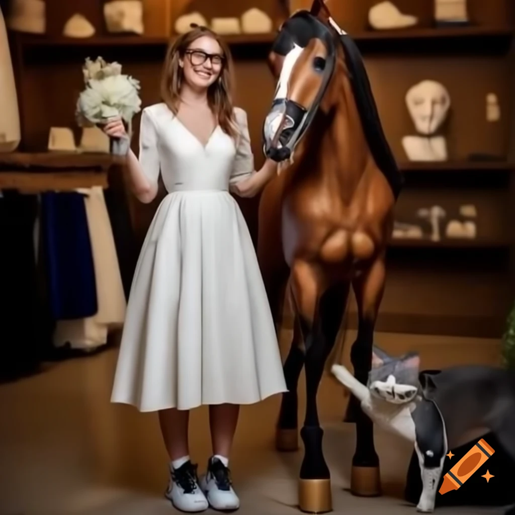 Woman in wedding dress shop trying on v-neck wedding dress and smiling
