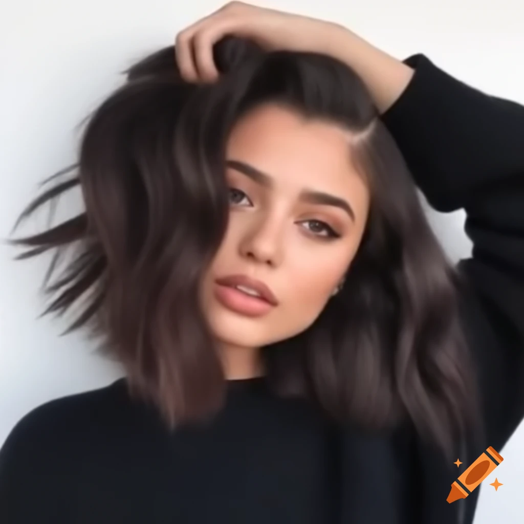 Young woman with thick dark brown hair in a dramatic undercut bob