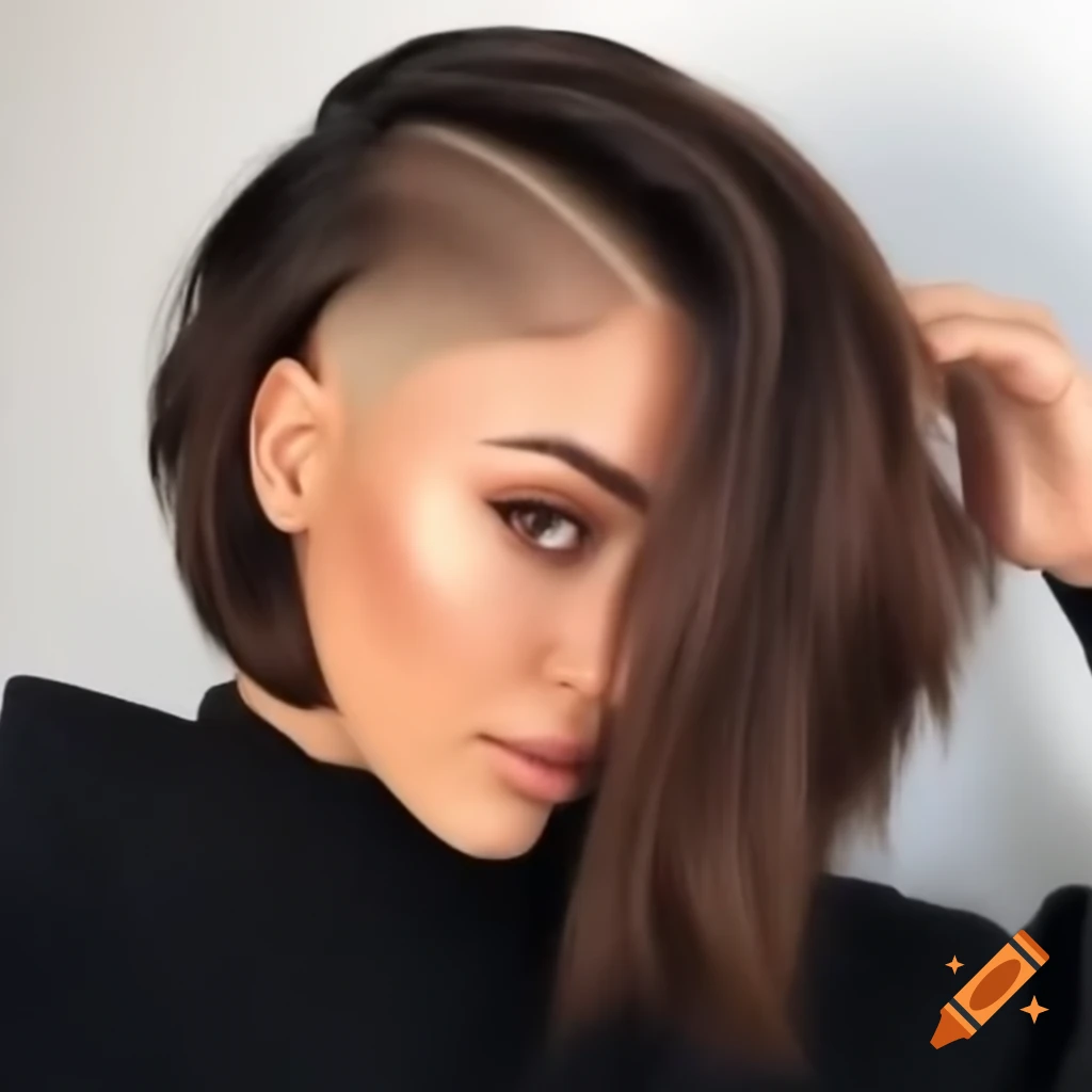Young woman with thick dark brown hair and extreme shaved undercut bob hairstyle