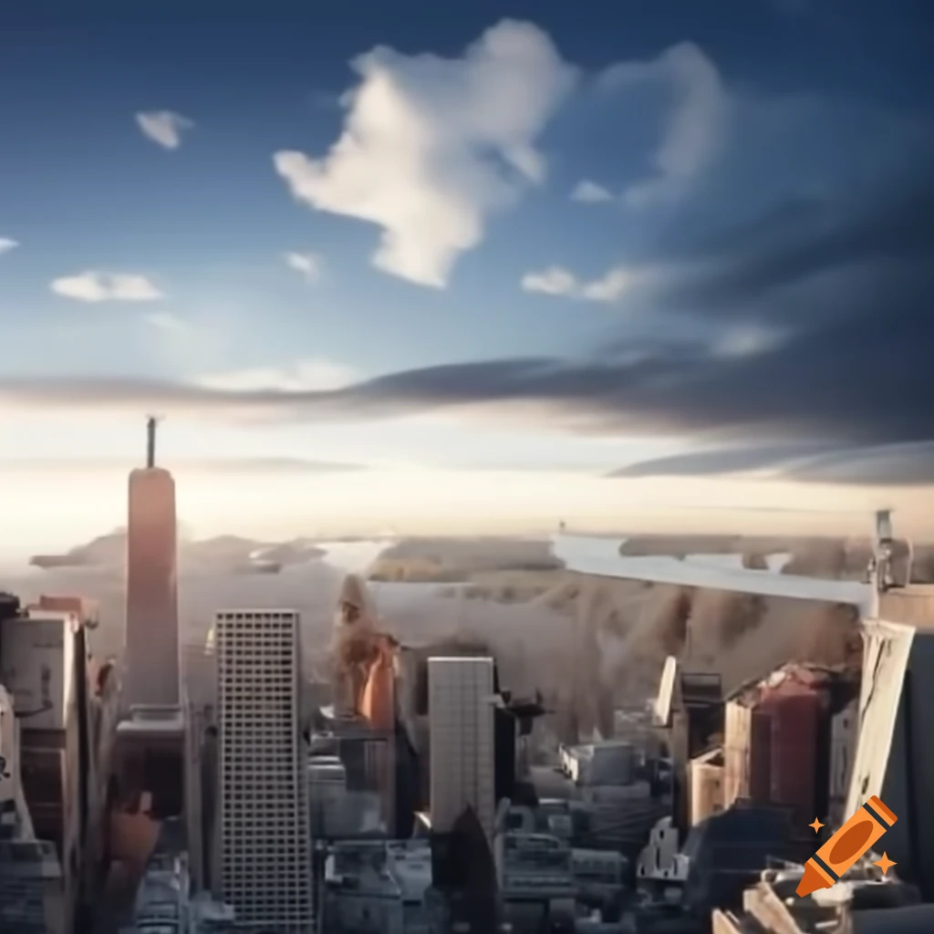 Realistic downward angle view of NYC skyline against the sky