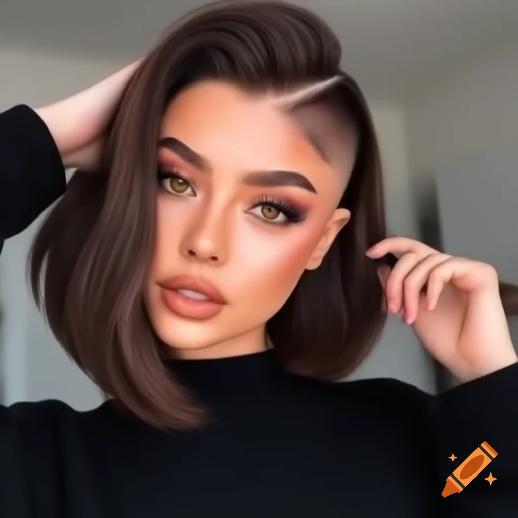 Young woman with thick dark brown hair and extreme shaved undercut bob hairstyle