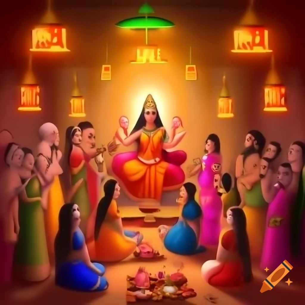Vibrant digital illustration of Navratri gathering with families in colorful traditional attire