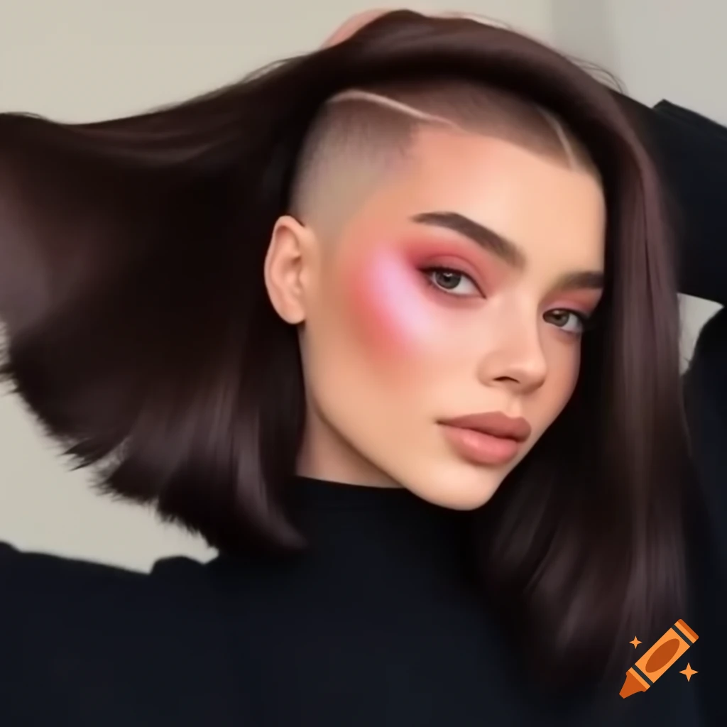 Young woman with thick dark brown hair in a dramatic undercut bob