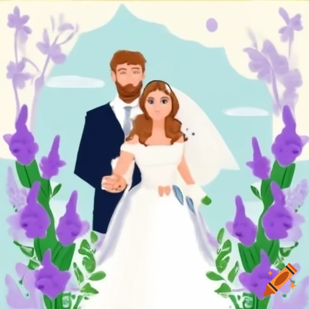 Bride and groom in formal wedding attire surrounded by purple flowers in garden