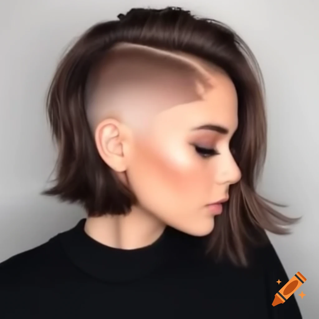 Young woman with thick brown hair in extreme shaved undercut bob hairstyle
