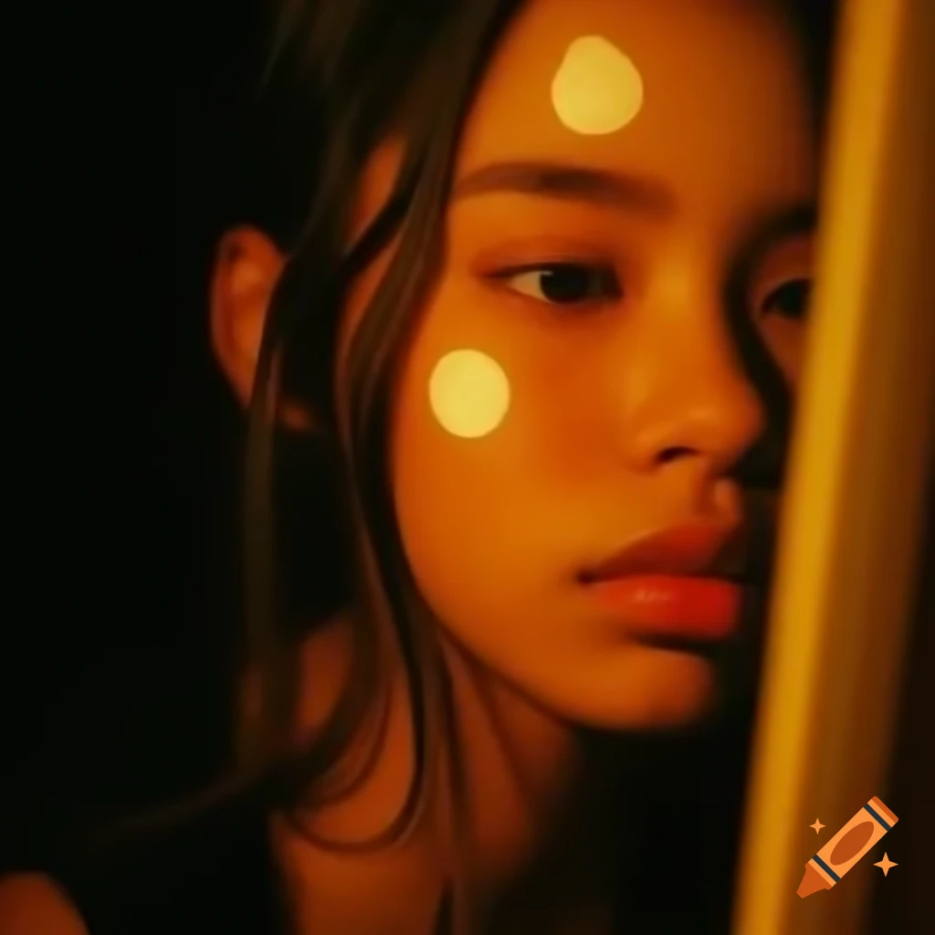 Close-up of girl painting on canvas under warm lamp light