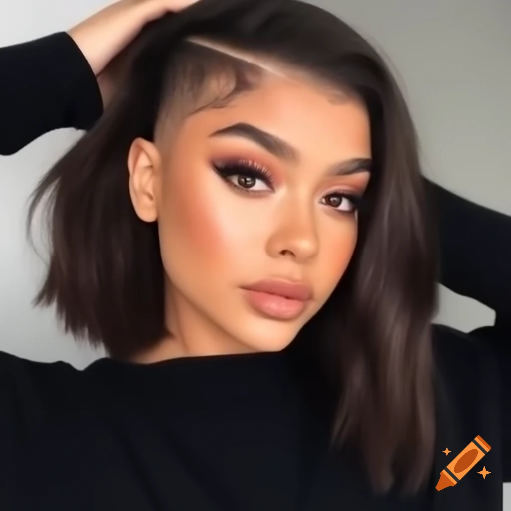 Young woman with thick dark brown hair in an extreme shaved undercut bob hairstyle