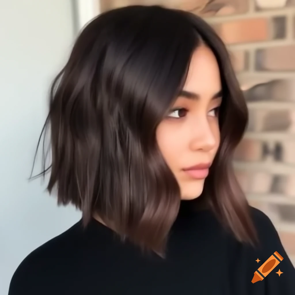Young woman with thick dark brown hair in extreme undercut bob hairstyle