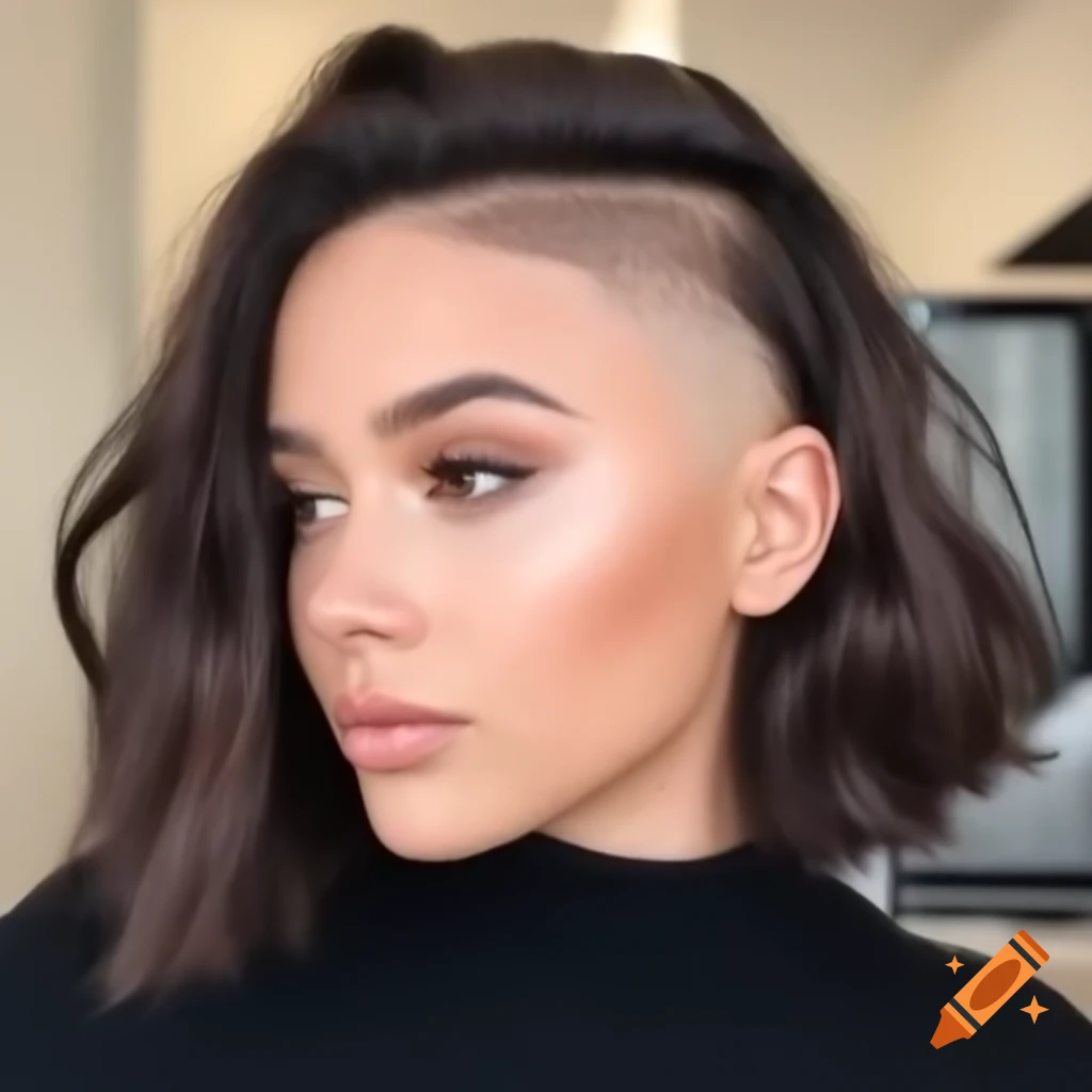Young woman with thick dark brown hair in an extreme shaved undercut bob hairstyle