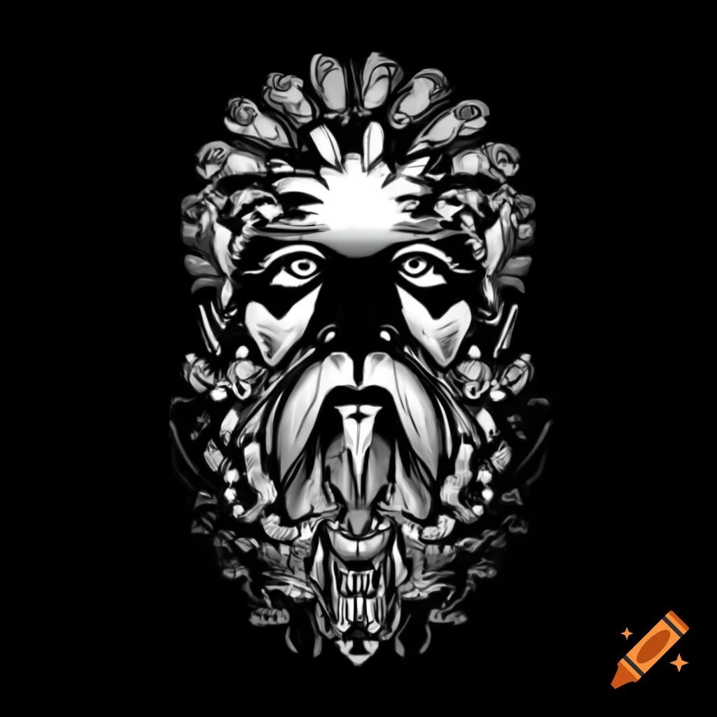 Black and white ink drawing of Greek philosopher in fractal geometric style