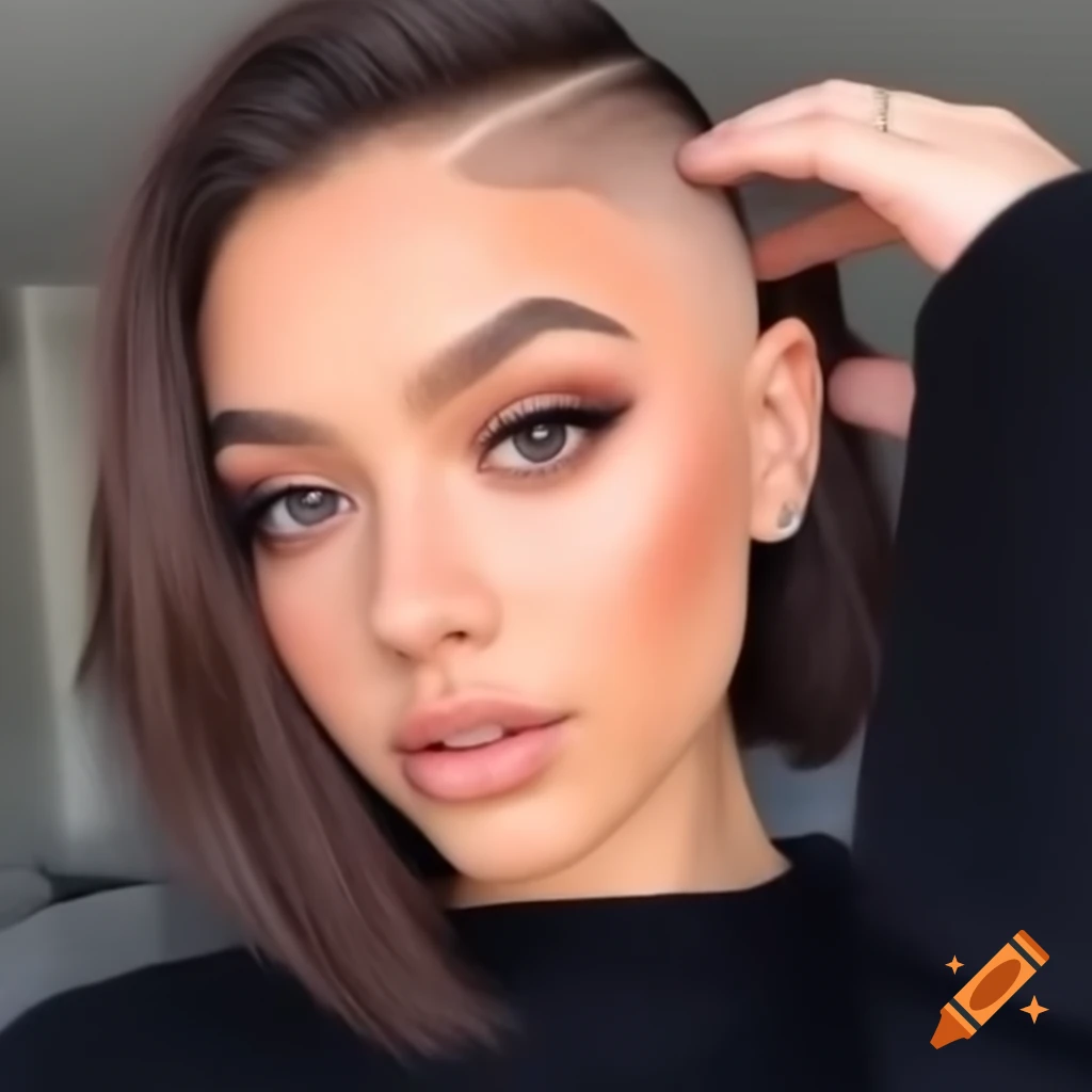 Young woman with thick dark brown hair in an extreme shaved undercut bob hairstyle