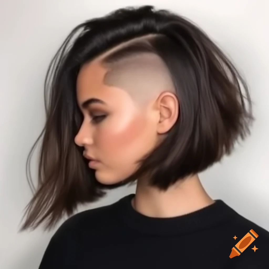 Young woman with asymmetrical bob and shaved undercut, thick dark brown ...