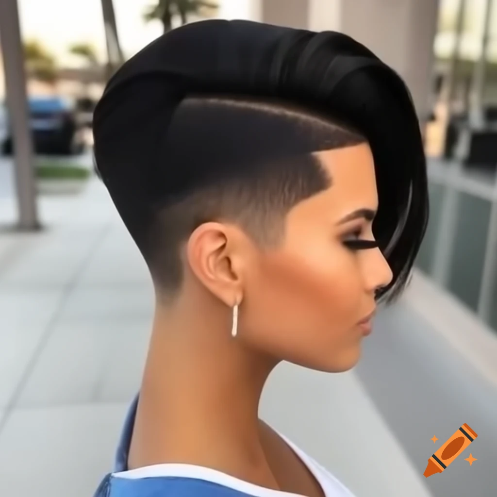 Mediterranean woman with unique thick angled bob haircut and shaved nape