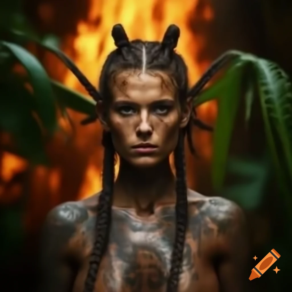 Caucasian woman with cornrow braids and tribal tattoos in front of jungle bonfire