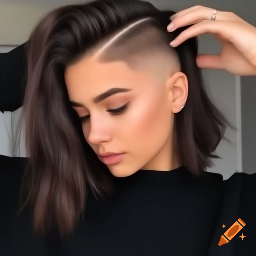 Young woman with thick dark brown hair in a dramatic undercut bob