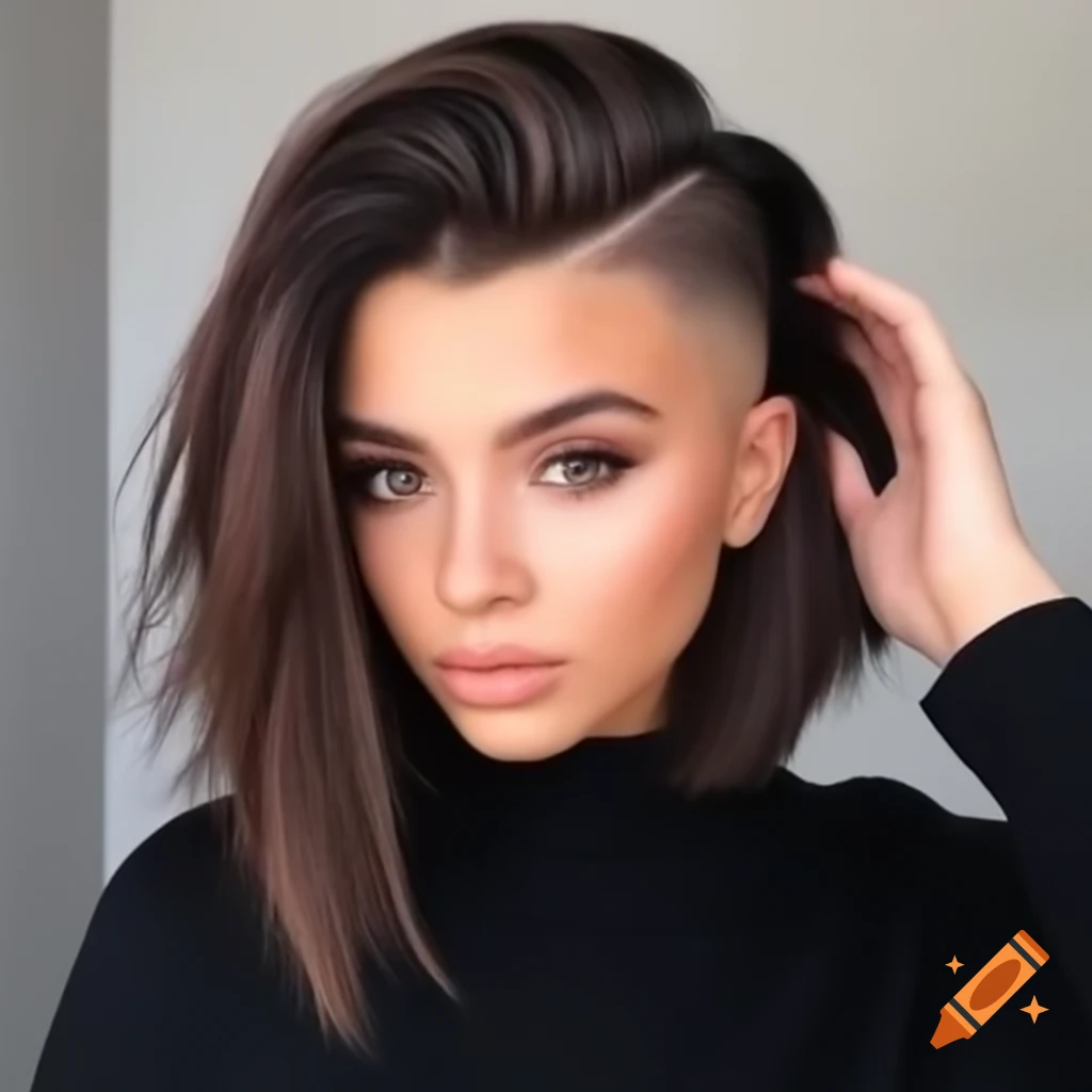 Young woman with thick brown hair in extreme shaved undercut bob hairstyle