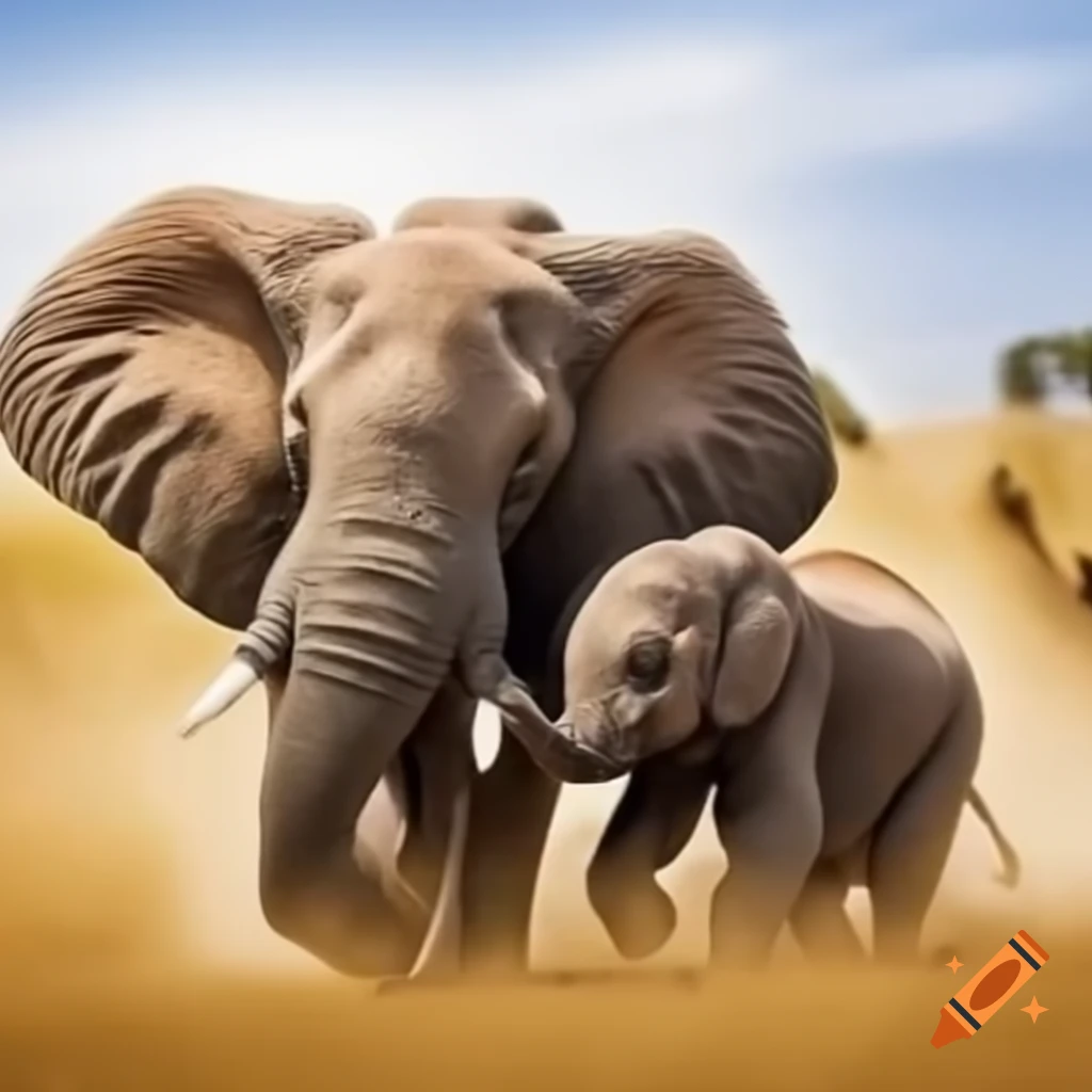 Mother and baby elephants running in a natural habitat