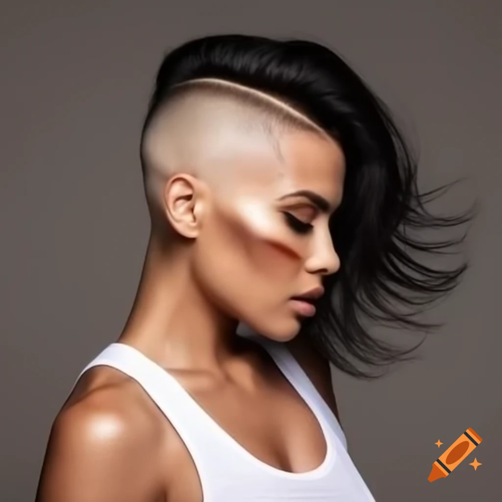 Mediterranean woman with stylish angled bob haircut and shaved undercut