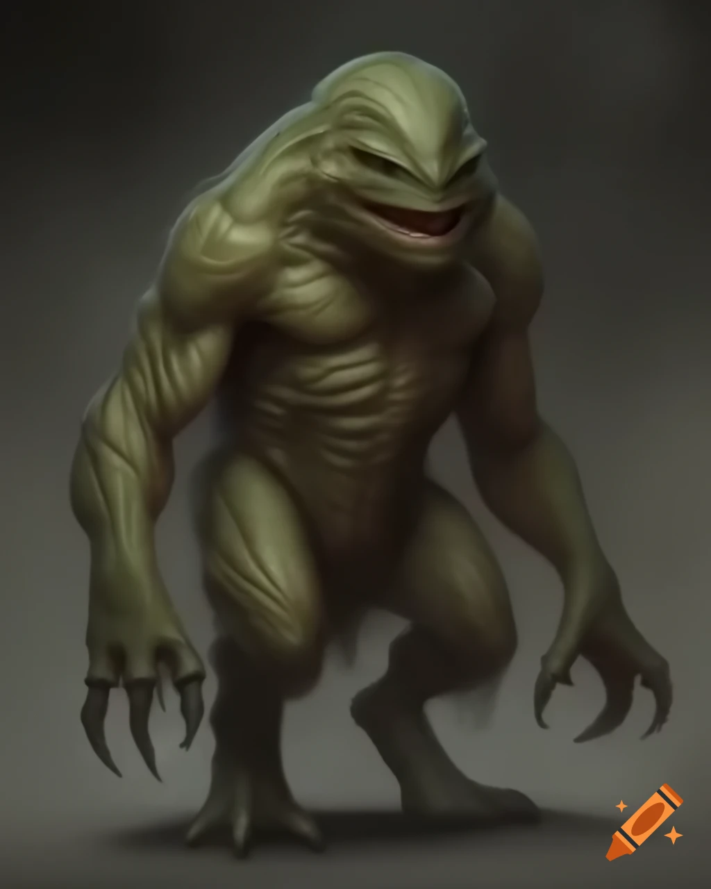 Realistic large bipedal creature with scaly skin in sandy brown to glossy green