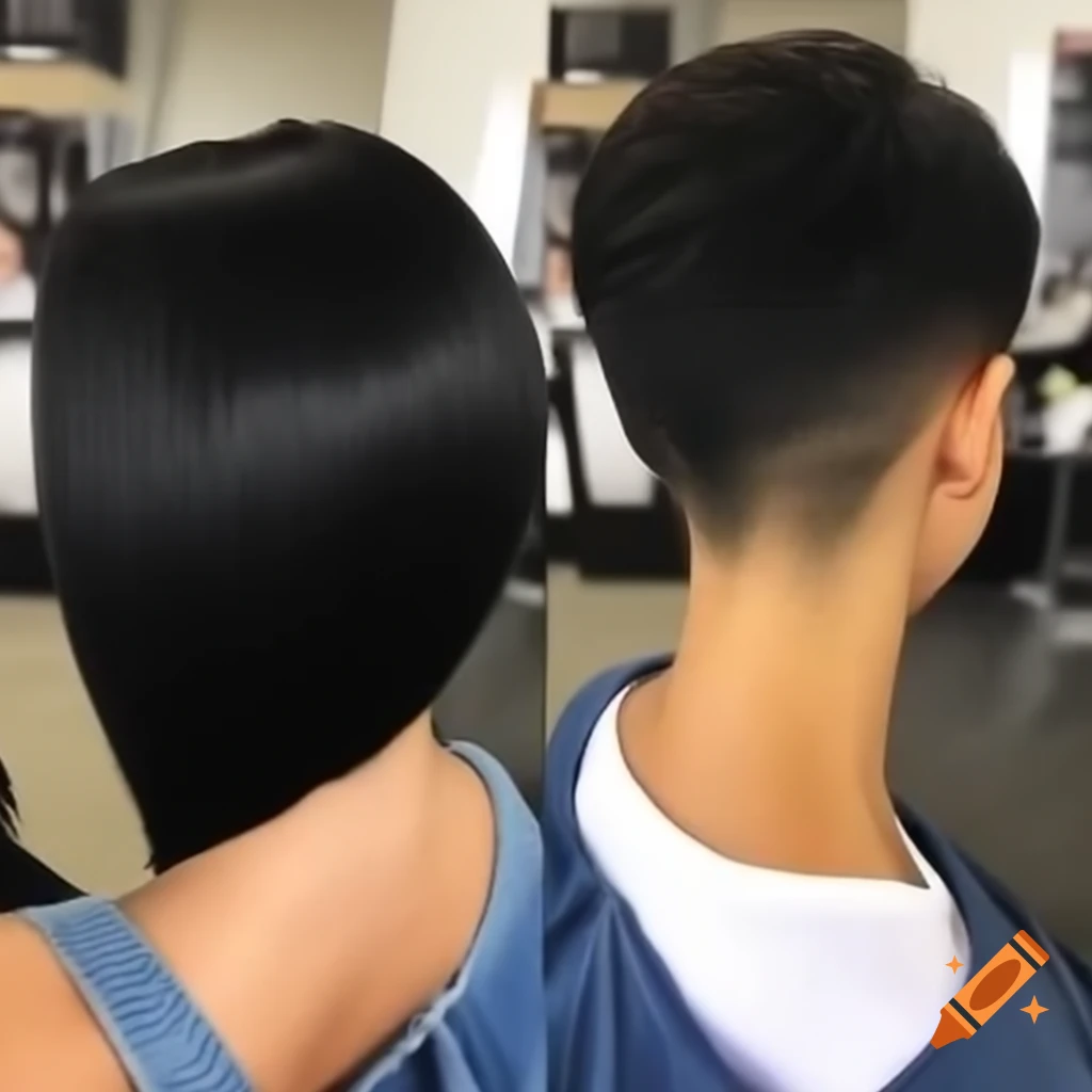 Mediterranean woman with unique thick angled bob haircut and shaved nape
