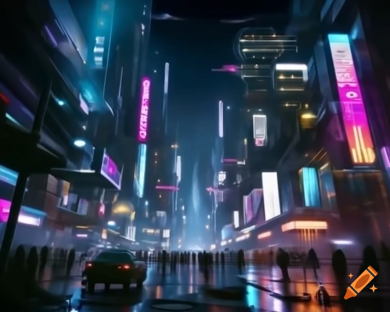 Futuristic cyberpunk city at night with neon lights and flying cars on ...