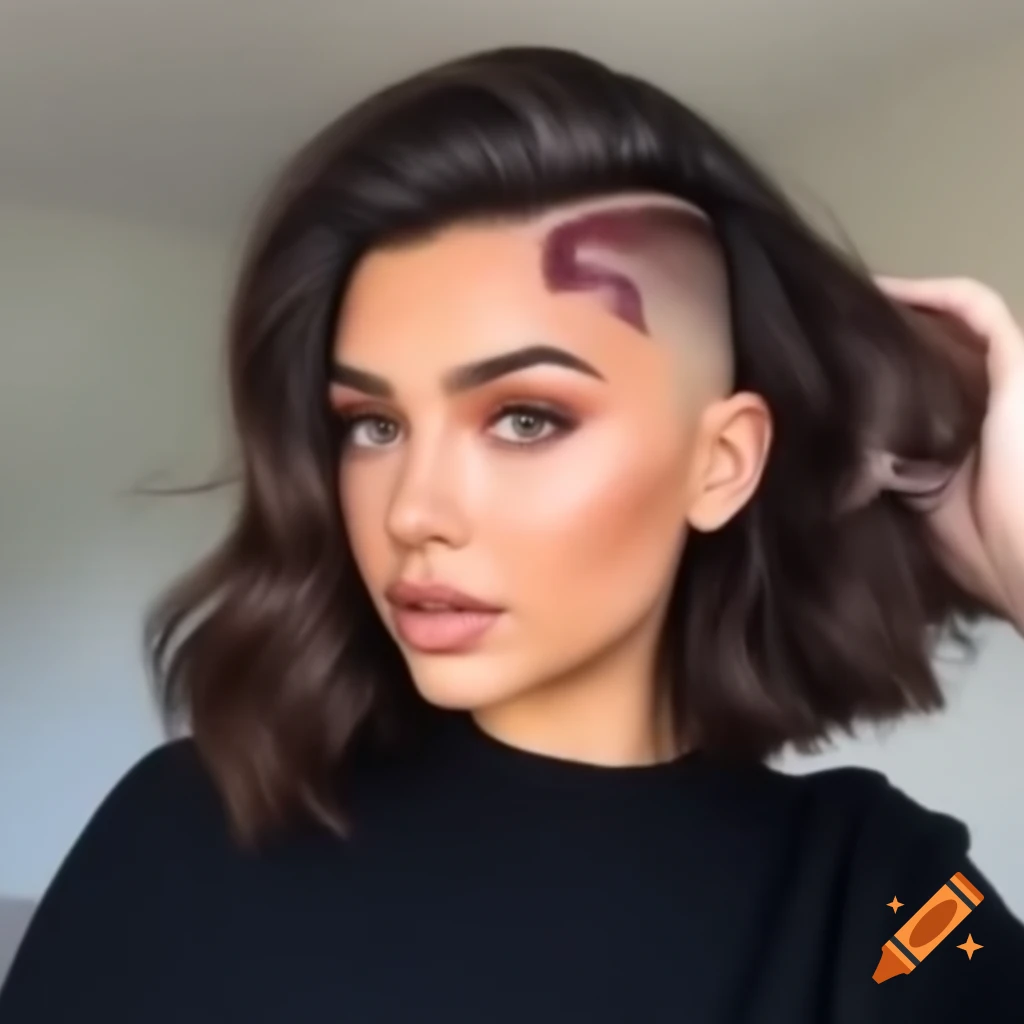 Young woman with thick dark brown hair in a dramatic undercut bob