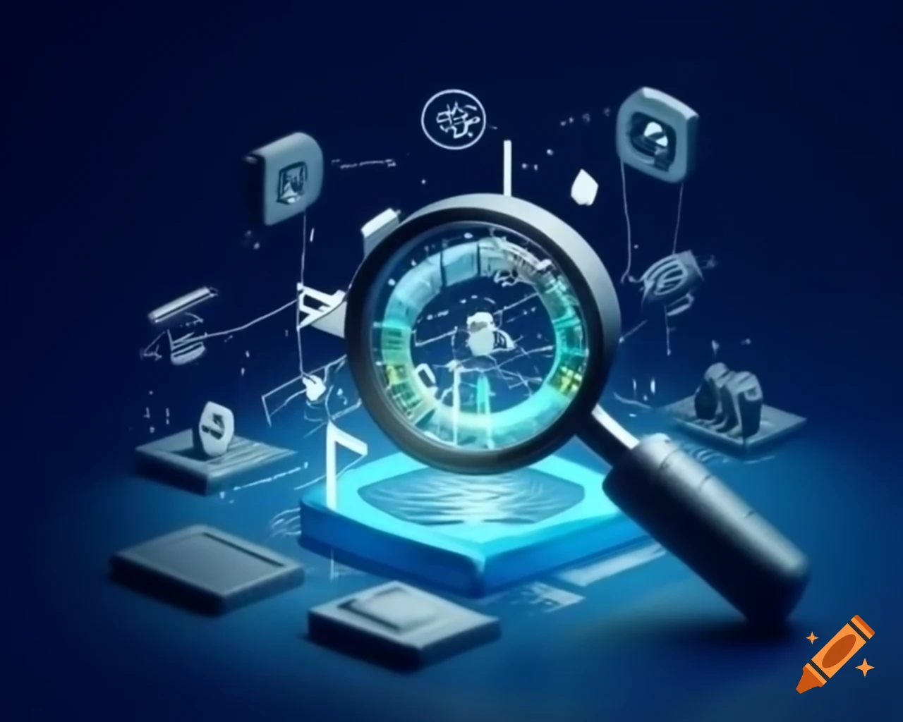 Network Magnifying Glass Magnifying glass highlighting specific area among complex network on ...